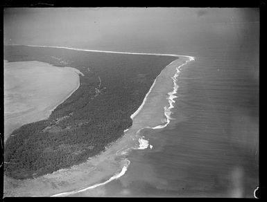 Aerial view of the Tongatapu Island bush covered peninsula with Kanokupolu and Ha'atafu settlements with inner lagoon, Tonga