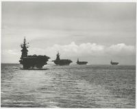 [Four Navy aircraft carriers departing Ulithi]