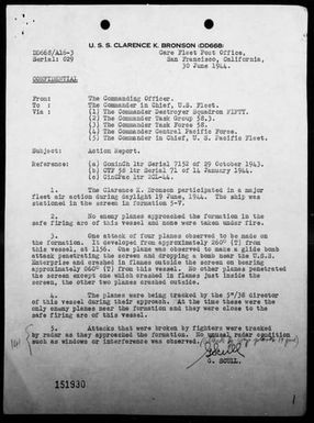 USS CLARENCE K BRONSON - Report of action against enemy aircraft off Saipan Island, Marianas, 6/19/44