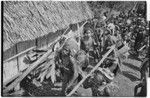 Pig festival, stake-planting, Tuguma: men brandish stakes, bundles of cordyline and other items for boundary ritual