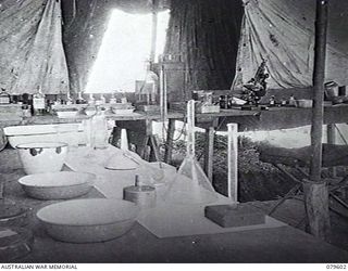 ORO BAY, NEW GUINEA. 1943-04. THE INTERIOR OF THE PATHOLOGY TENT AT THE MEDICAL DRESSING STATION, 10TH FIELD AMBULANCE