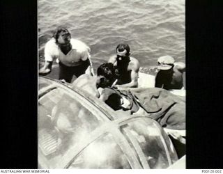 1944. AMPHIBIOUS CATALINAS STATIONED AT GOODENOUGH ISLAND WERE CALLED OUT ABOUT 2 AM TO INVESTIGATE FLOATING DEBRIS THOUGHT TO BE A RAFT NEAR NEW BRITAIN. TURNED OUT TO BE A FALSE ALARM. WE FLEW ..
