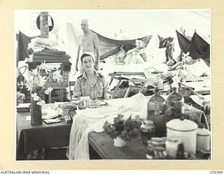 FINSCHHAFEN, NEW GUINEA, 1944-01-31. VFX59385 SISTER L. RAE, AT HER TABLE IN WARD 6 OF THE 2/3RD CASUALTY CLEARING STATION. THE FLOWERS IN THE SHELL CASES ARE BROUGHT BY NEW GUINEA NATIVES TO ..