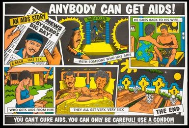 ["Cartoon sequence in which a Fijian man has sex with a woman who has AIDS who he meets in a nightclub and brings it home to his wife and baby killing them all; a safe sex advertisement by the Fiji Red Cross Society."]