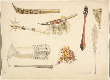 [Angas, George French], 1822-1886 :Pandian pipes from Navigator I[sland]; tabuing mace; cap [?] of feathers [and other objects from] Loyalty Id, Fiji [?] [and] N[ew] Caledonia. [1844?]