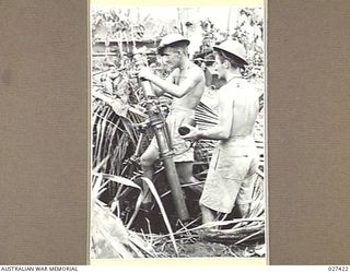 WANIGELA, NEW GUINEA. 1942-10. MORTAR CREW OF "A" COMPANY, 2/10TH AUSTRALIAN INFANTRY BATTALION IN A SEMI WATER-FILLED POSITION DEFENDING BEACH STRIP AT COLLINGWOOD BAY. THEY ARE, LEFT TO RIGHT:- ..