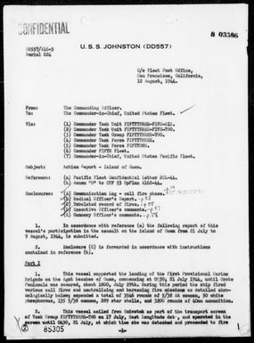 USS JOHNSTON - Report of Operations, Period 7/21/44 to 8/9/44 - Invasion of Guam Island, Marianas