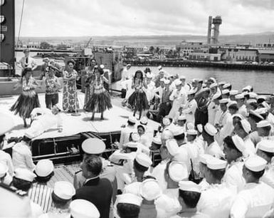 Hawaiian Welcome for USS Manchester at Pearl Harbor