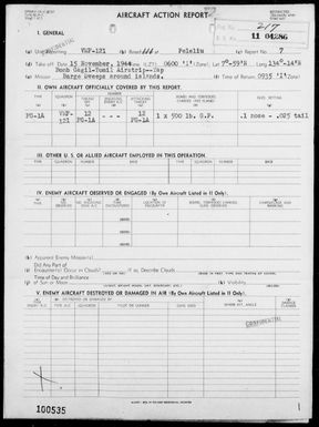 VMF-121 - ACA Rep #7 - Bombing Gagil-Tomil Airstrip, Yap Is, Carolines on 11/15/44