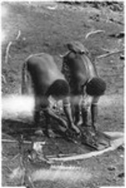 Two women scraping debris from the clearing into a bark "dustpan"