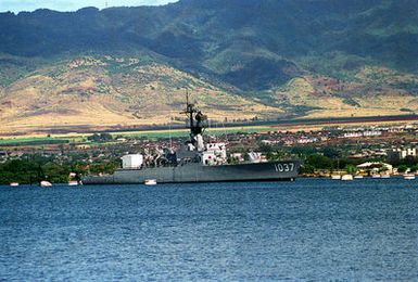 The decommissioned frigate BRONSTEIN (FF-1037) lies at anchor in the Middle Loch.