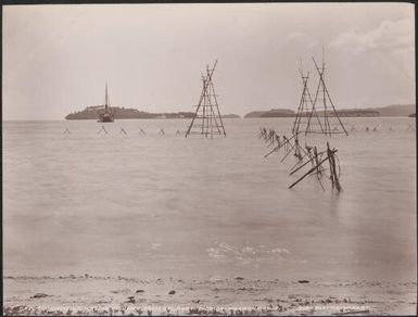Fishery at Halavo, with Gavutu and the Southern Cross in background, Florida, Solomon Islands, 1906 / J.W. Beattie