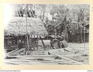 TOROKINA, BOUGAINVILLE. 1945-05-31. NATIVES WORKING FOR 10 FIELD COMPANY ROYAL AUSTRALIAN ENGINEERS, PUTTING THE SAK -SAK ROOF ON GLOUCESTER HOUSE AT HEADQUARTERS 2 CORPS