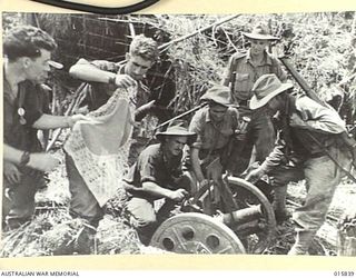 1943-09-28. NEW GUINEA. ADVANCE ON SALAMAUA. AUSTRALIANS EXAMINING THE 70 M.M. JAPANESE MOUNTAIN GUN AND A JAP FLAG CAPTURED DURING THE ADVANCE ON SALAMAUA. (NEGATIVE BY PARER NEWSREEL)