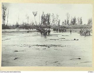 BOUGAINVILLE, SOLOMON ISLANDS. 1945-03-19. TROOPS OF THE 58/59TH INFANTRY BATTALION CROSS THE TOROKINA RIVER CARRYING FULL PACKS