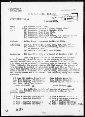 USS GEORGE CLYMER - Report of Operations, Period 7/21/44 to 8/2/44 - Invasion of Guam Island, Marianas