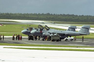 Two F-4 Phantoms from the Japanese Air Self Defense Force (JASDF) 83rd Wing, Naha, Okinawa, prepare to take off in the background while two US Navy (USN) EA-6B Intruders, Tactical Electronic Warfare Squadron 128 (VAQ-128), Naval Air Station (NAS) Whidbey Island, Washington (WA), are prepped for take off at Andersen Air Force Base (AFB), Guam in support of exercise COPE NORTH. COPE NORTH is an exercise where troops from the US Air Force (USAF), US Navy (USN), and US Marine Corps (USMC) Marines train with troops from the Japanese Air Self Defense Force (JASDF)