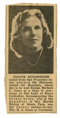 [Clipping: Joanne Zinsmeister Sailed From San Francisco]