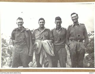 BULLDOG-WAU ROAD, NEW GUINEA. 1944-01-19. GROUP PORTRAIT OF OFFICERS OF THE 2/4TH FIELD SQUADRON AT SECOMBE CAMP. THEY ARE:- QX38742 LIEUTENANT A.E. DEAN (1); NX132535 LIEUTENANT D.F. FAIRWEATHER ..