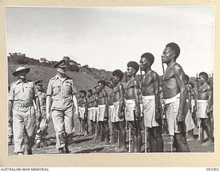 NADZAB AREA, NEW GUINEA, 1945-06-27. HIS ROYAL HIGHNESS, THE DUKE OF GLOUCESTER, GOVERNOR GENERAL OF AUSTRALIA (3) ACCOMPANIED BY LT-COL J.C. MULLALY, COMMANDING OFFICER DEPOT BATTALION (1), ..