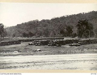 MAPE RIVER, NEW GUINEA, 1944-03-15. A PETROL, OIL AND LUBRICANT DUMP, BUILT BY THE 870TH UNITED STATES AVIATION ENGINEER BATTALION, WHO ALSO CLEARED THE AREA AND CONSTRUCTED THE ROAD