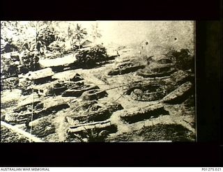 Boram, New Guinea. c. 1943. Aerial photograph of a Japanese heavy anti-aircraft battery near Wewak. (Donor F. Cassidy)