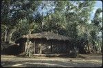 Kwiop house with painted stakes and cordyline plants