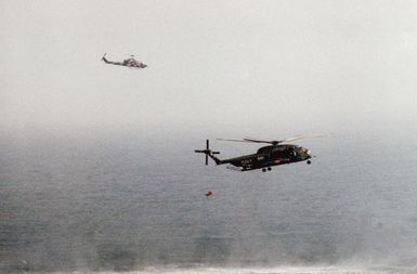 A right side view of a Helicopter Mine Countermeasures Squadron 14 (HM-14) RH-53D Sea Stallion helicopter towing a lightweight magnetic sweep during mine contermeasures operations. The helicopter is assigned to the amphibious assault ship USS GUAM (LPH 9). Note: Sixth view in a series of six