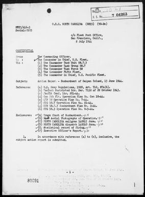 USS NORTH CAROLINA - Report of Bombardment of Saipan Island, Marianas - 6/13/44