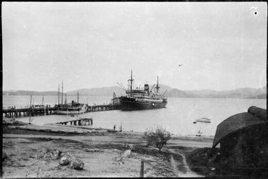 Burns Philp ship MV MacDhui with a monoplane over Port Moresby, Papua, ca. 1931 / Sarah Chinnery