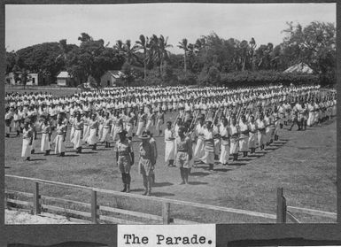 Members of the Home Guard, Tonga Defence Force, 2nd NZEF, on parade in Tonga during the anniversary of the accession of King George Tubou 1 as King of Tonga