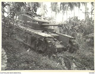 MADANG, NEW GUINEA. 1944-10-12. A CHURCHILL VII TANK ATTEMPTING A RIVER CROSSING DURING TESTS CONDUCTED AT HQ 4 ARMOURED BRIGADE