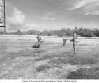 Scientists wading in reef around Namu Island to net poisoned fish, 1947