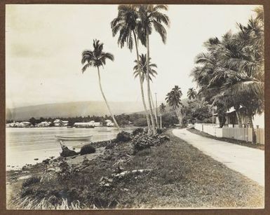 Coastal scene, showing beach-side village and harbour, Apia. From the album: Samoa