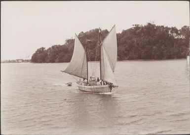 Dr. Welchman's mission schooner The Ruth, off the coast of Mara-na-tabu, Solomon Islands, 1906, 1 / J.W. Beattie