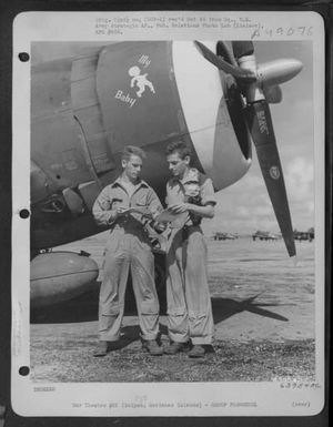 2Nd Lt. Alford J. Habcock, 411 9Th St., Watervliet, New York, And 2Nd Lt. Frank L. Graham, 111 Olive St., Kansas City, Mo., Beside The Republic P-47 Thunderbolt "My Baby." Saipan, Marianas Islands, 20 July 1944. [Probably 318Th Fighter Group] (U.S. Air Force Number 63954AC)