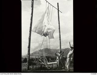 NADZAB, NEW GUINEA. C. 1944-02. PARACHUTE WORKERS AT NO. 24 (VULTEE VENGEANCE) SQUADRON RAAF HANGING OUT A PARACHUTE TO DRY ON A BUSH MADE RACK. THE TENTS THAT THE PARACHUTE WORKERS ARE IN ARE NOT ..