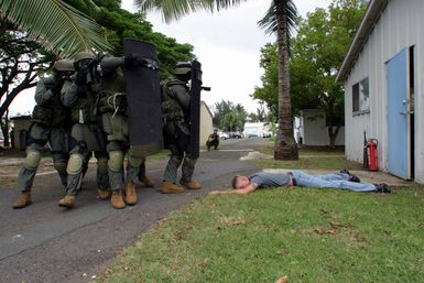 U.S. Marine Corps Military Police approach a hostage, played by CPL. Harrick, with the Marine Forces Pacific Band, lying on the ground during training at the Marine Corps Base Hawaii on Dec. 9, 2004.(U.S. Marine Corps official photo by CPL. Nicholas Riddle) (Released)(Released)