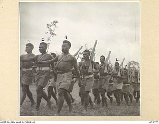 BISIATABU, NEW GUINEA. 1944-05-23. A PLATOON OF THE PAPUAN INFANTRY BATTALION MARCHING WITH PRECISION. IDENTIFIED PERSONNEL ARE:- LANCE CORPORAL GAMARI (1); L/CPL KIKO (2); L/CPL GIDO (3); PRIVATE ..