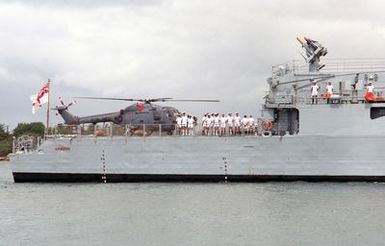 A starboard view of the fantail of the British frigate HMS AMAZON (F 169) with a Mark 2 Lynx anti-submarine helicopter on the helicopter pad during Exercise RIMPAC '86