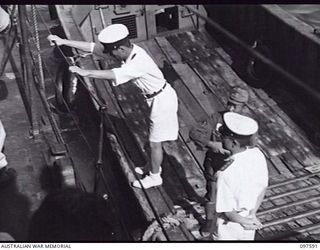 OCEAN ISLAND. 1945-09-30. THE JAPANESE ENVOY GOING ABOARD HMAS DIAMANTINA TO NEGOTIATE THE SURRENDER OF APPROXIMATELY 530 JAPANESE TROOPS ON THE ISLAND