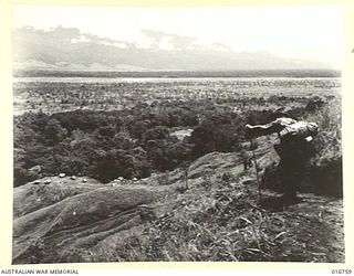 1944-03-29. NEW GUINEA. RAMU VALLEY. AN AUSTRALIAN SOLDIER DESCENDS A STEEP HILL AT THE FOOT OF THE FINISTERRE RANGES