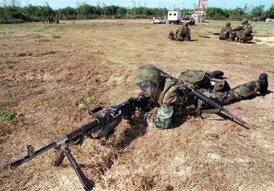 A US Marine mans a M240G machine gun in the prone position and carries a 5.56mm M16A2 assault rifle on his back as he guards a defensive position at the Pacific Missile Range Facility, "Barking Sands" Kauai Hi. Marines from the 11th Marine Expeditionary Unit (MEU) Camp Pendleton, CA and involved Navy and Marine Air, Ground and Sea Forces trained as a combined amphibious assault force during Operation RIMPAC 96