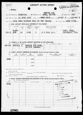 VMSB-245 - ACA Reports Nos 249-250-Bombing targets in the Yap Area, Carolines on 6/13 & 14/45