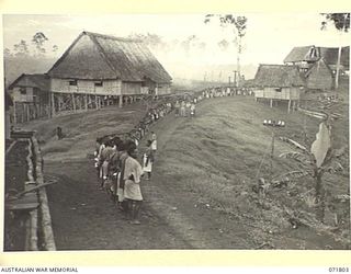 ILOLO, NEW GUINEA, 30 MARCH 1944. NATIVES AT AN AUSTRALIAN NEW GUINEA ADMINISTRATIVE UNIT ROLL CALL PARADE TAKEN IN THE EARLY MORNING BEFORE MOVING TO A LOGGING AREA