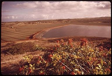 KUALAPUU RESERVOIR, BUILT TO CAPTURE HEAVY RAINFALL ON "WET" SIDE OF ISLAND, IS IMPORTANT TO MOLOKAI'S AGRICULTURE. DEVELOPERS WANT USE OF THE WATER, PROMISE TO REPLACE WHAT THEY TAKE. PLAINTIFFS IN A SUIT AGAINST THEM CLAIM WATER USED FOR REPLACEMENT WILL BE BRACKISH AND CROPS WILL SUFFER