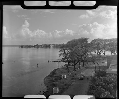 Papeete from Grand Hotel, Tahiti, showing beach and road