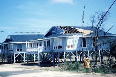 A beach cottage at the Pacific Missile Range Facility, Kauai, displays damage caused by Hurricane Iniki