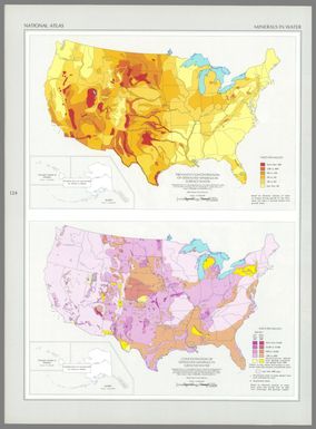 Prevalent concentration of dissolved minerals in surface water / adapted from U. S. Geological Survey, Prevalent dissolved-solids concentration of rivers, HA-61, Washington, USGS, 1962, pl. 1, map 1:7,000,000, conterminous U. S. -- Concentration of dissolved minerals in ground water / adapted from U. S. Geological Survey, Depth to and quality of shallowest ground water containing more than 1,000 parts per million of dissolved, HA-199, Washington, USGS, 1965, sheet 1, map 1:3,168,000, conterminous U. S.