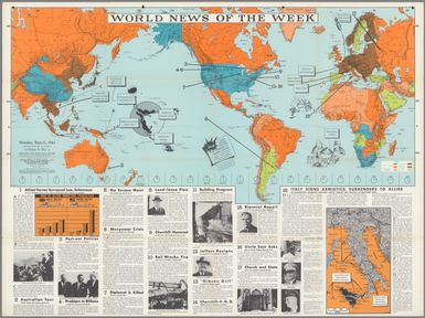 World News of the Week : Monday, Sept. 13, 1943. Covering period Sept. 3 to Sept. 9. Volume 6, No. 2. Published and copyrighted (weekly), 1943, by News Map of the Week, Inc., 1512 Orleans Street, Chicago, Illinois. Published in two sections : Section one. Lithographed in U. S. A.